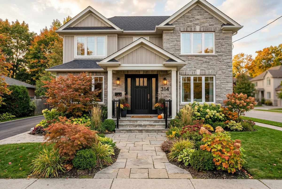 Canadian home front exterior with bold black fiberglass entry door and stone pathway