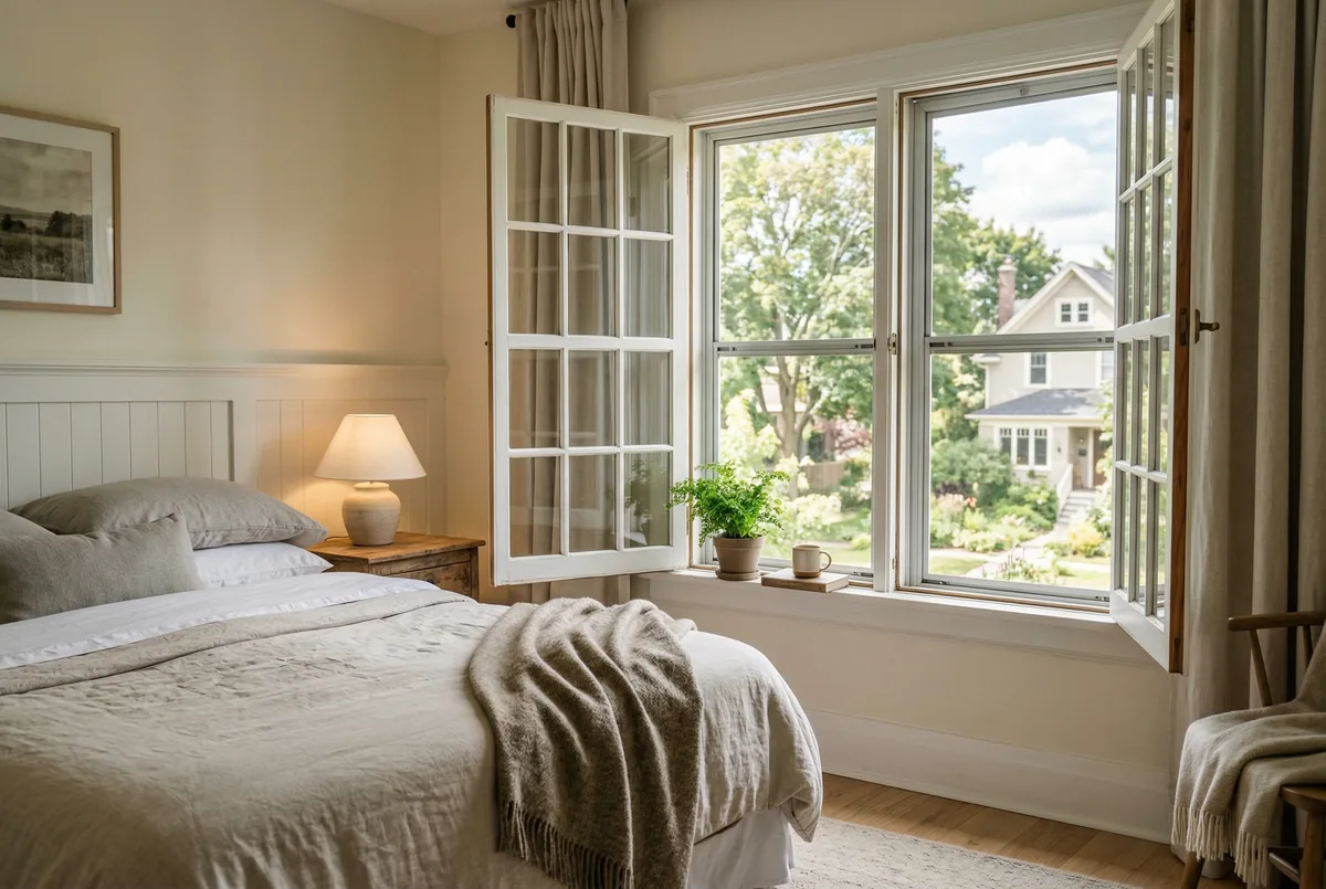 Classic double-hung window in bedroom with both sashes slightly open for ventilation