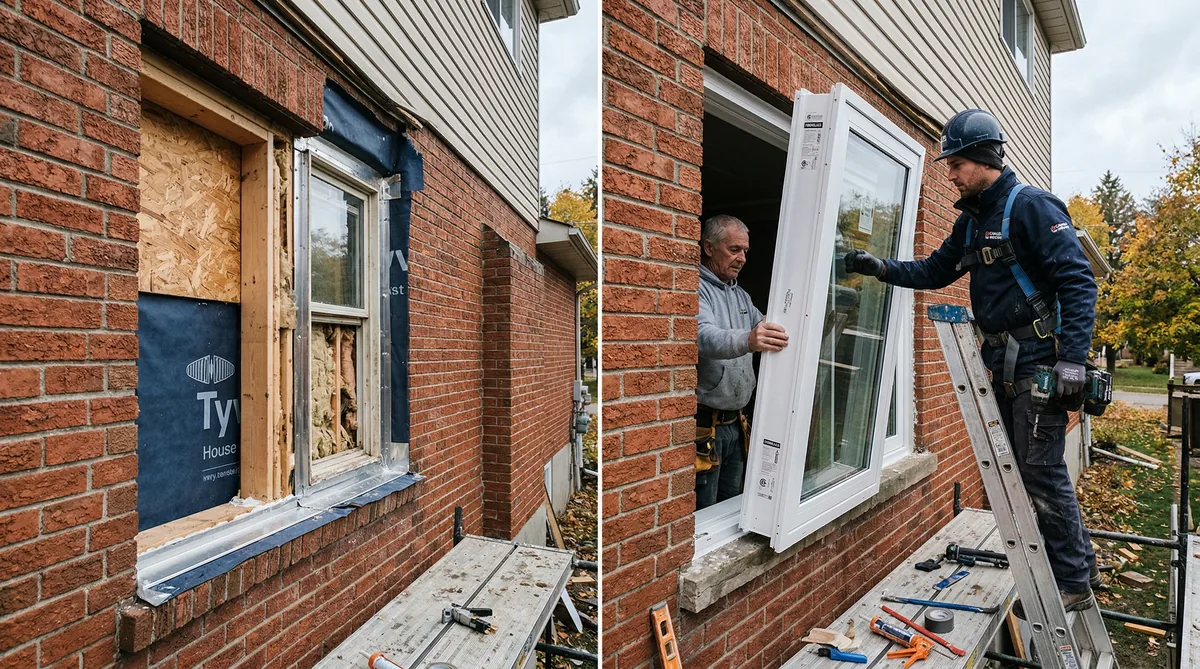 Installer fitting a fiberglass window frame into a rough opening, Canadian home exterior, brick wall