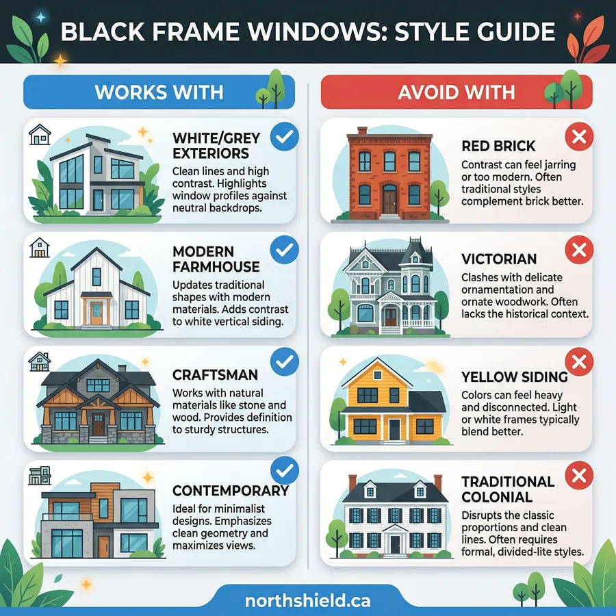 Black frame windows style guide infographic: works with and avoid with home styles