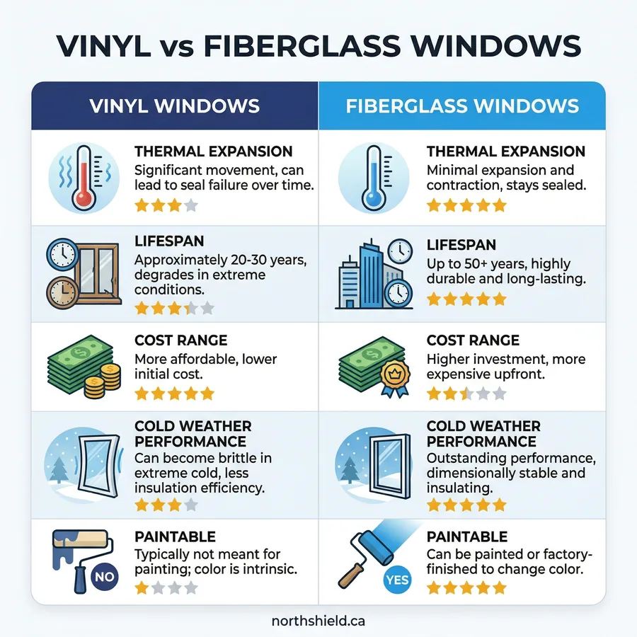 Vinyl vs fiberglass windows comparison infographic showing thermal expansion, lifespan, cost, and cold weather performance