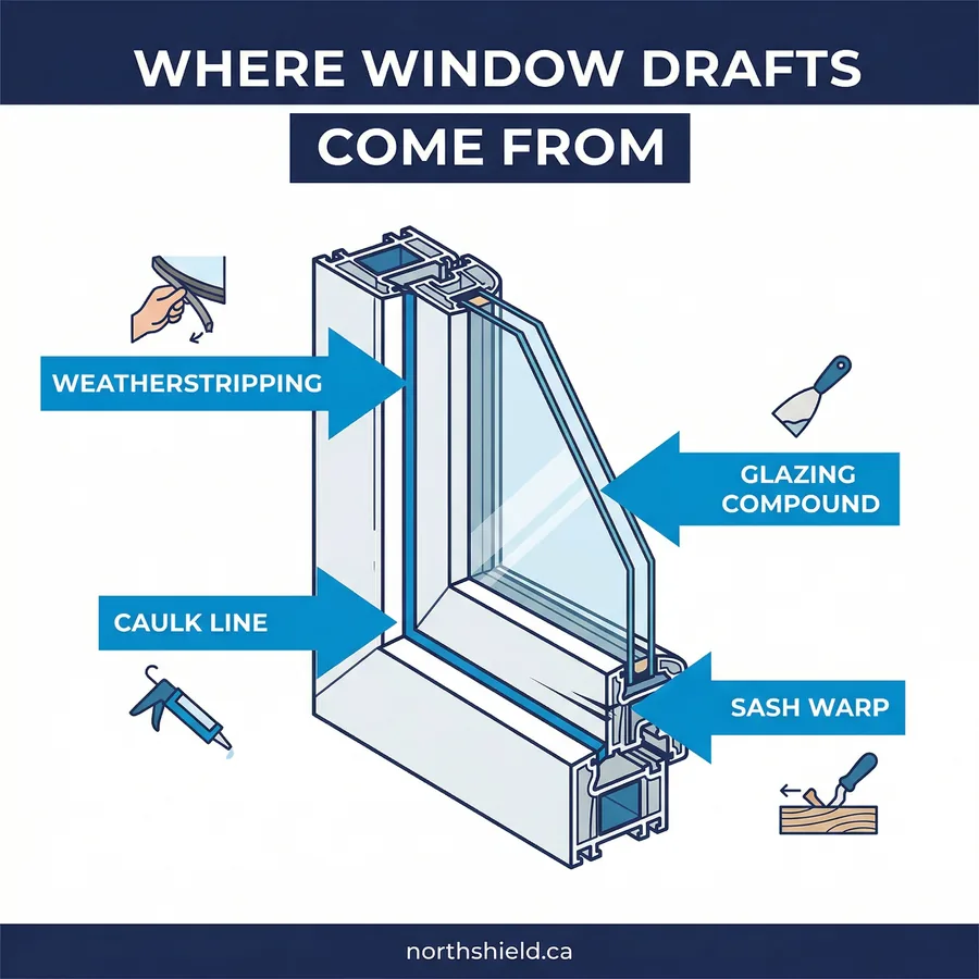 Window draft sources diagram showing weatherstripping, caulk line, glazing compound, and sash warp with fix labels