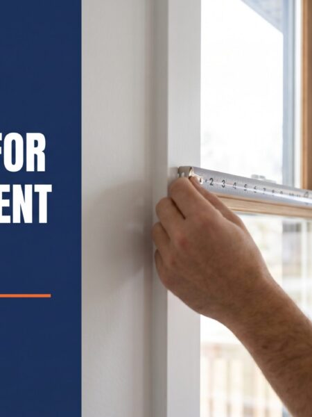 How to measure for replacement windows banner with branded title and inset of homeowner using tape measure