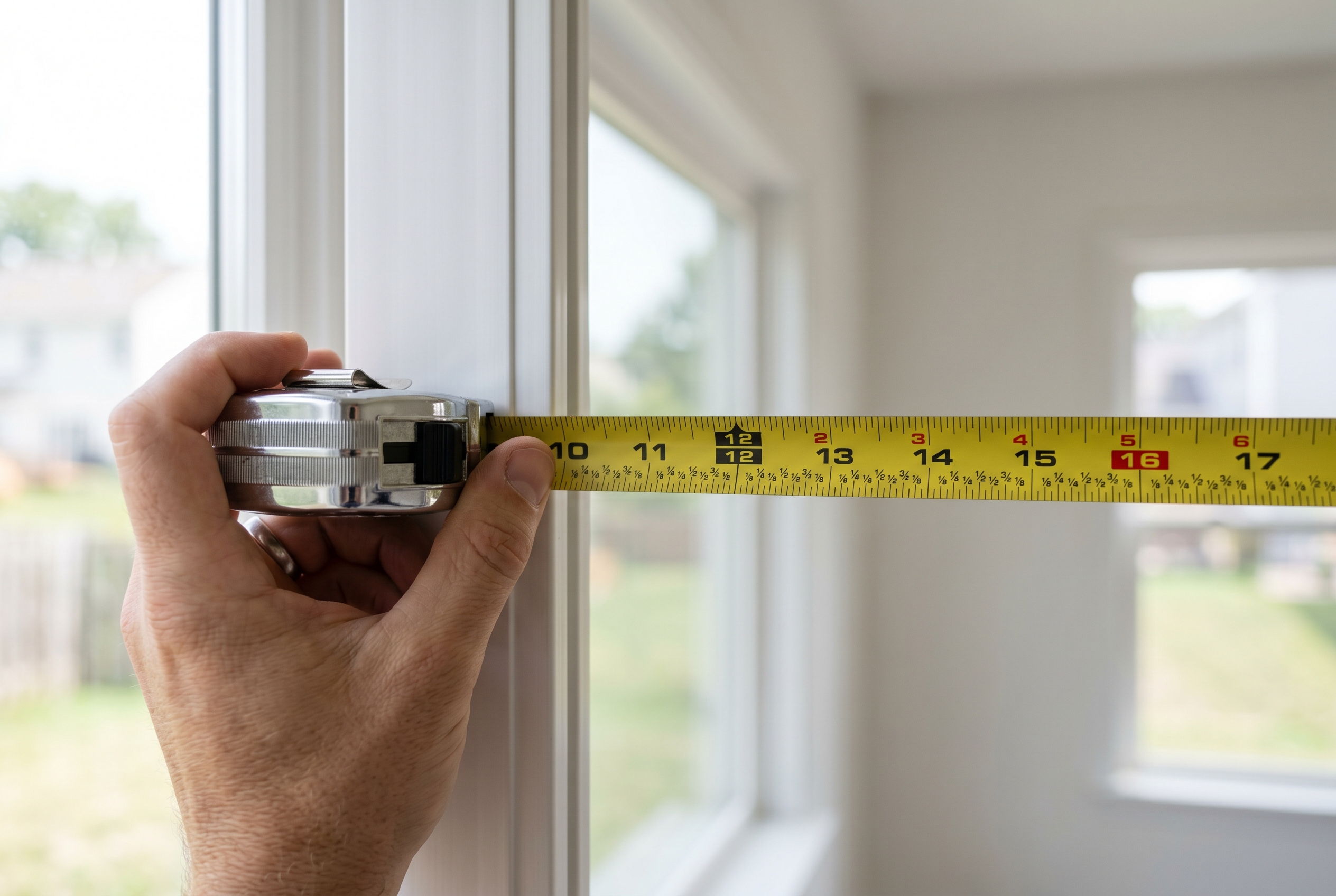 Tape measure across the inside of a vinyl window frame, the standard way to measure for replacement windows