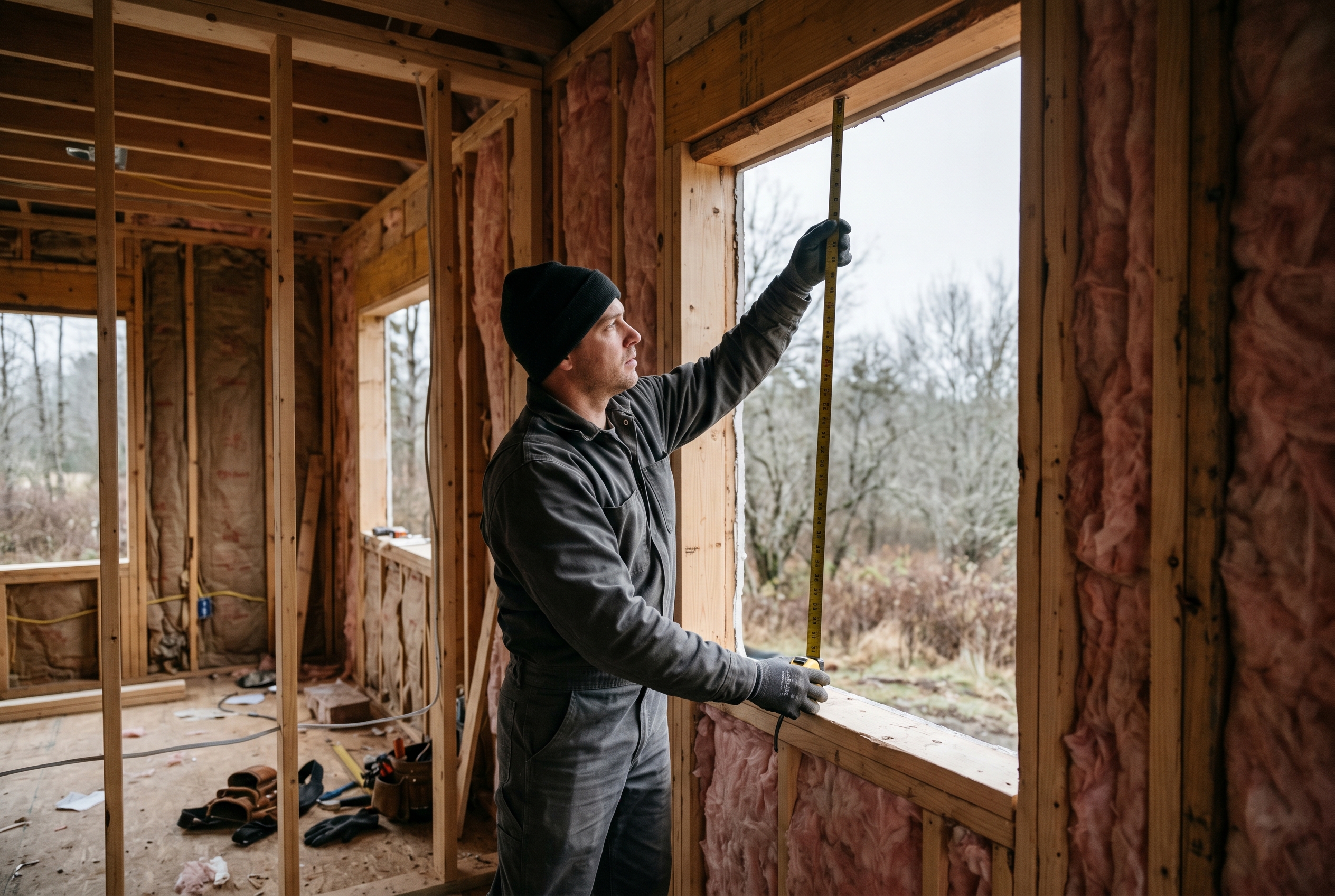 Installer measuring the rough opening of a window from inside an unfinished room with exposed studs