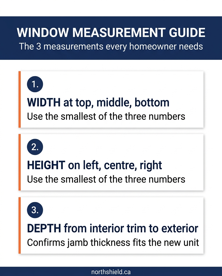 Window measurement guide infographic showing the three measurements every homeowner needs