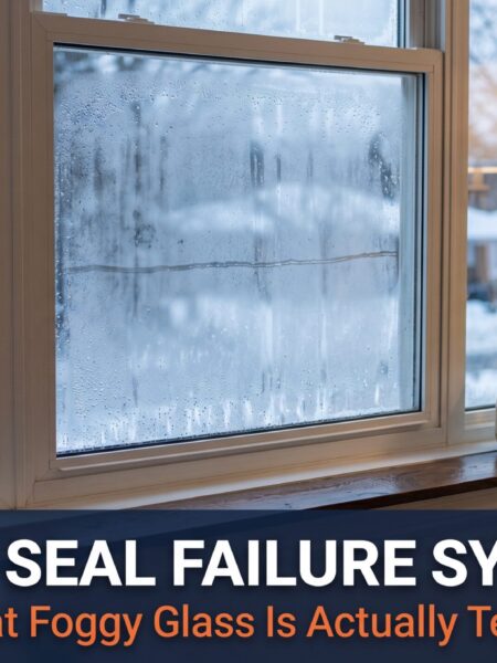 Window seal failure symptoms banner with foggy double pane glass and branded title overlay
