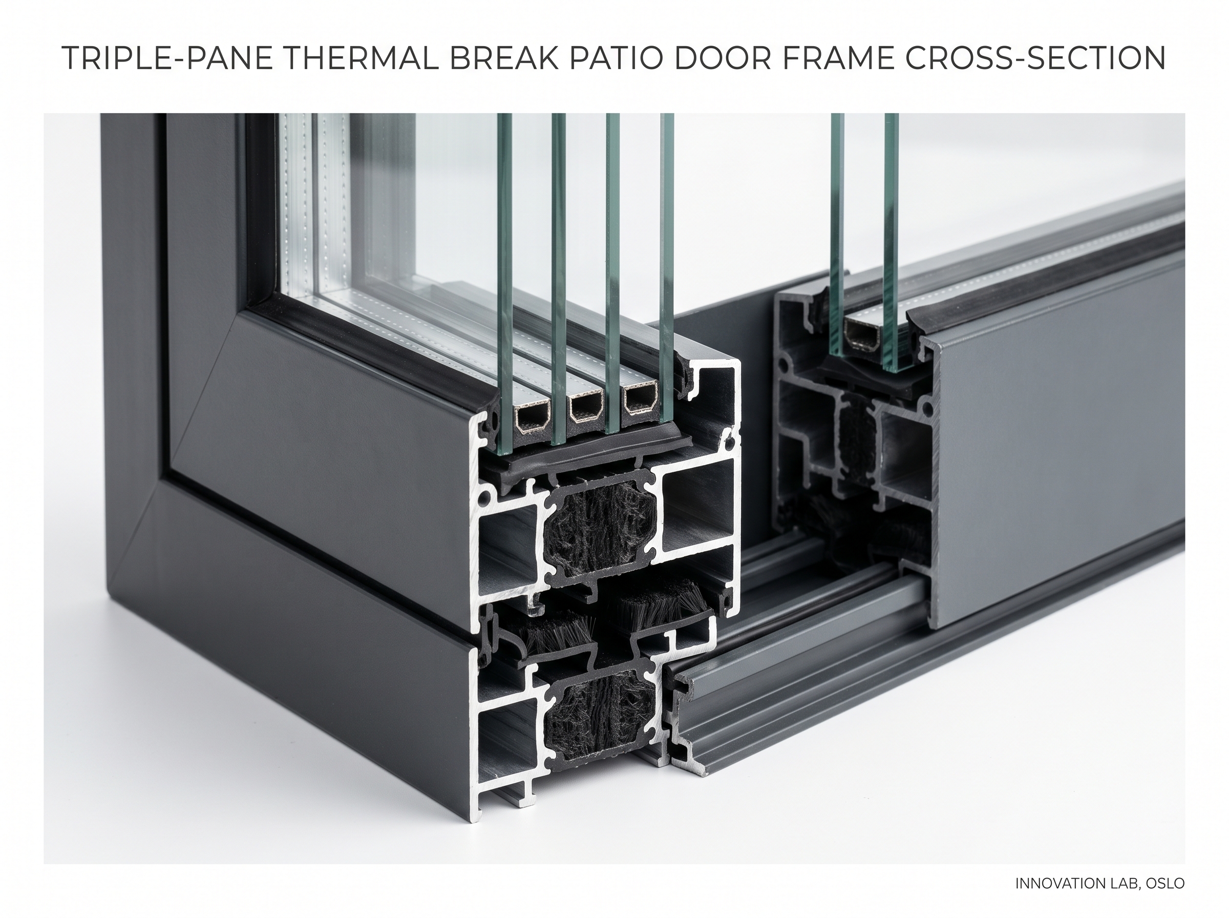 Detail shot of a sliding patio door frame cross-section showing thermal break and triple-pane glass