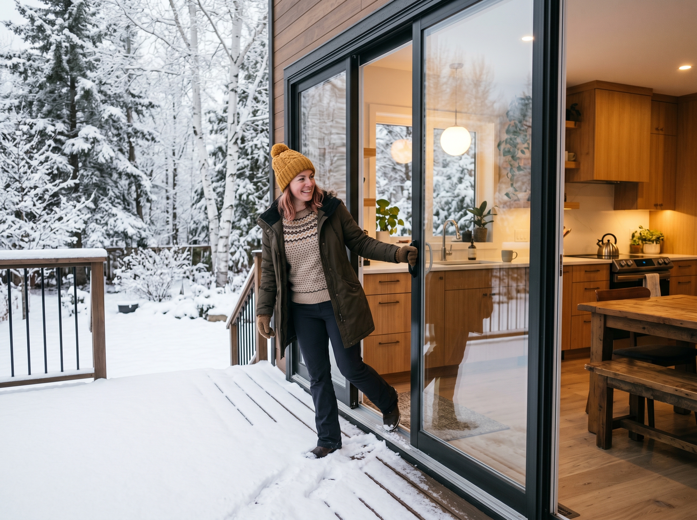 Homeowner opening a sliding patio door to a snowy Canadian backyard deck
