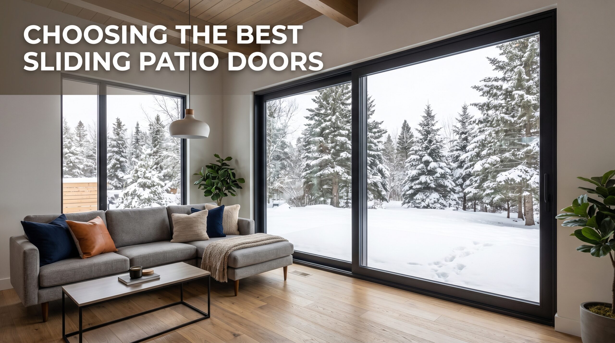 Sliding patio door in a Canadian home with snowy yard visible outside