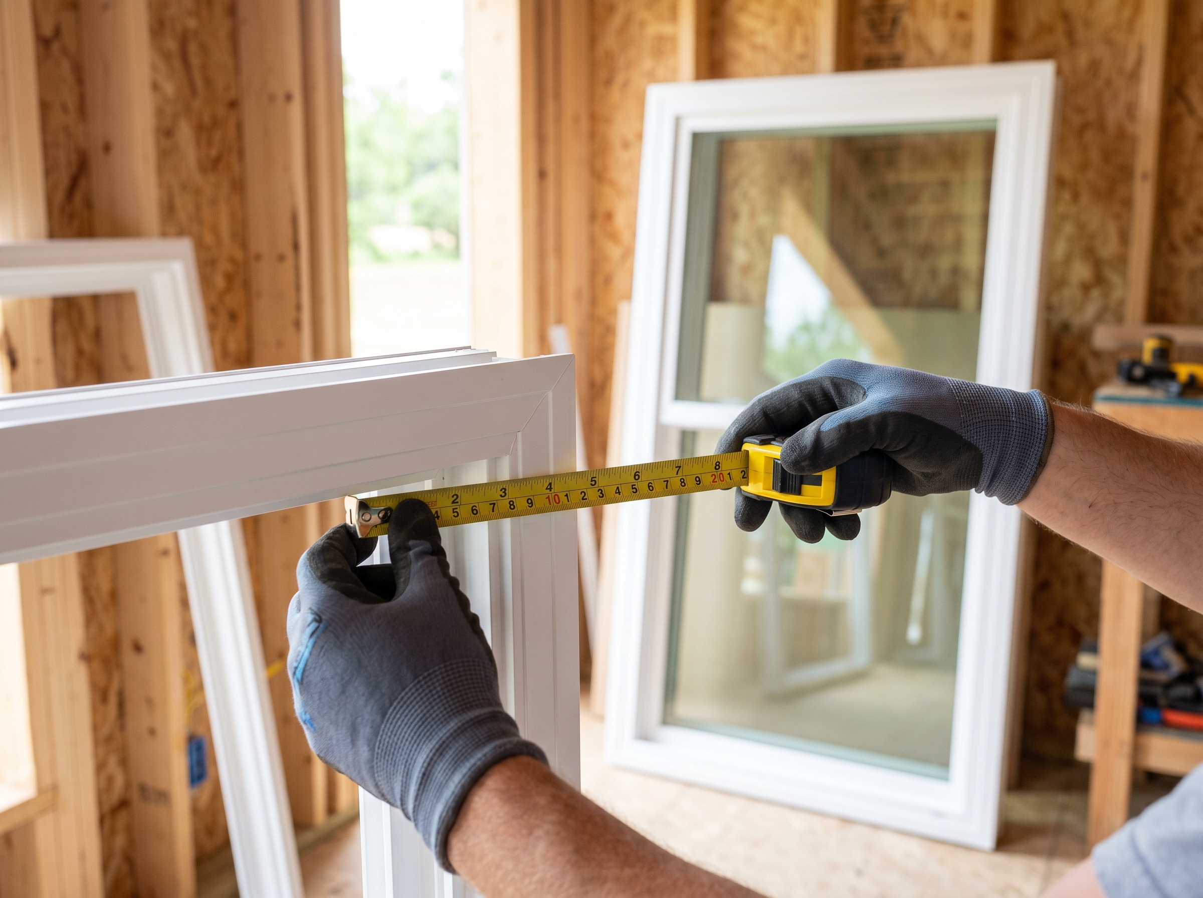 A close-up shot of a window installer's hands, wearing clean work gloves, carefully measuring the corner of a window frame with a tape measure. The background shows a new, pristine vinyl window leanin