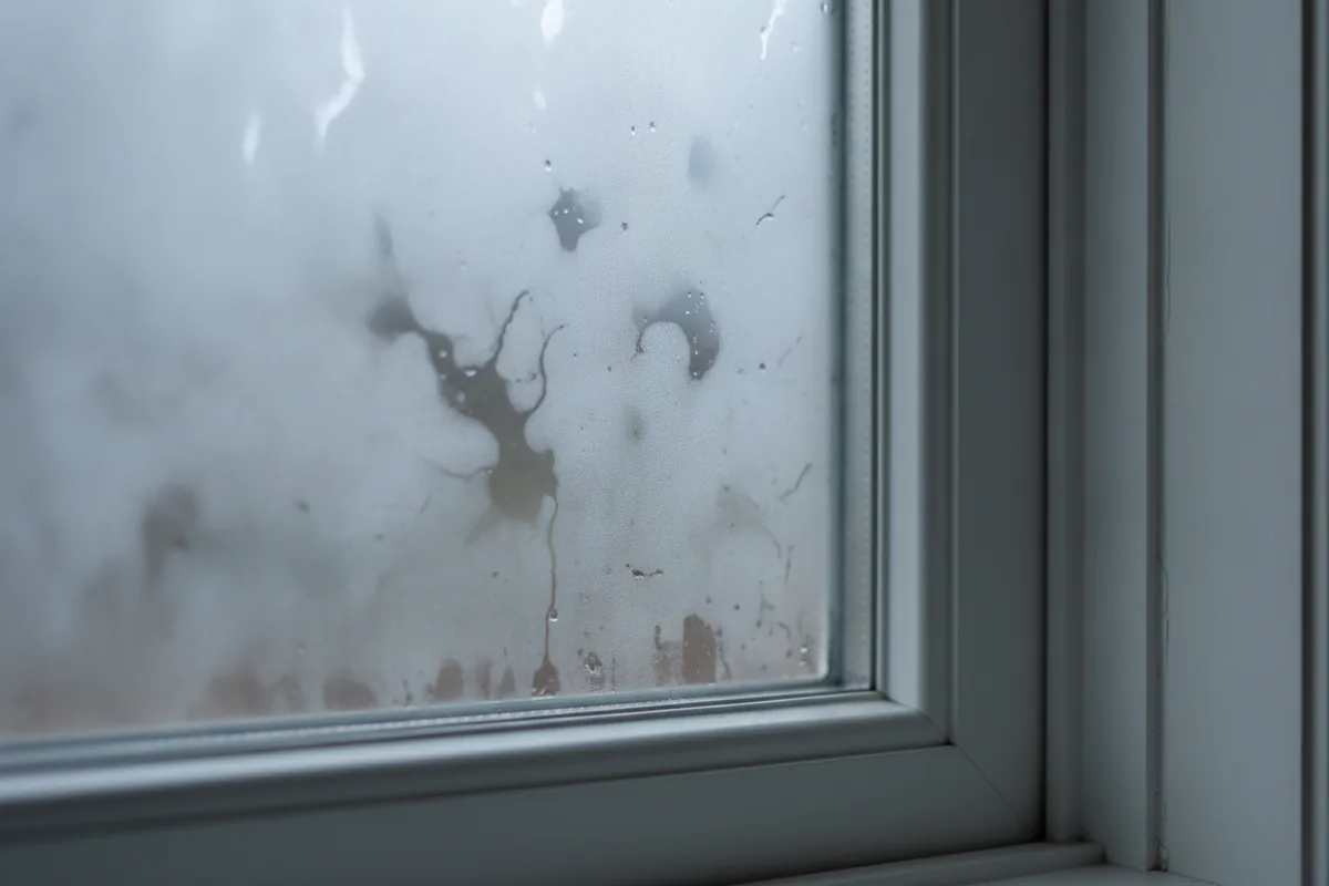 Close up of a foggy failed sealed glass unit in a white vinyl window frame