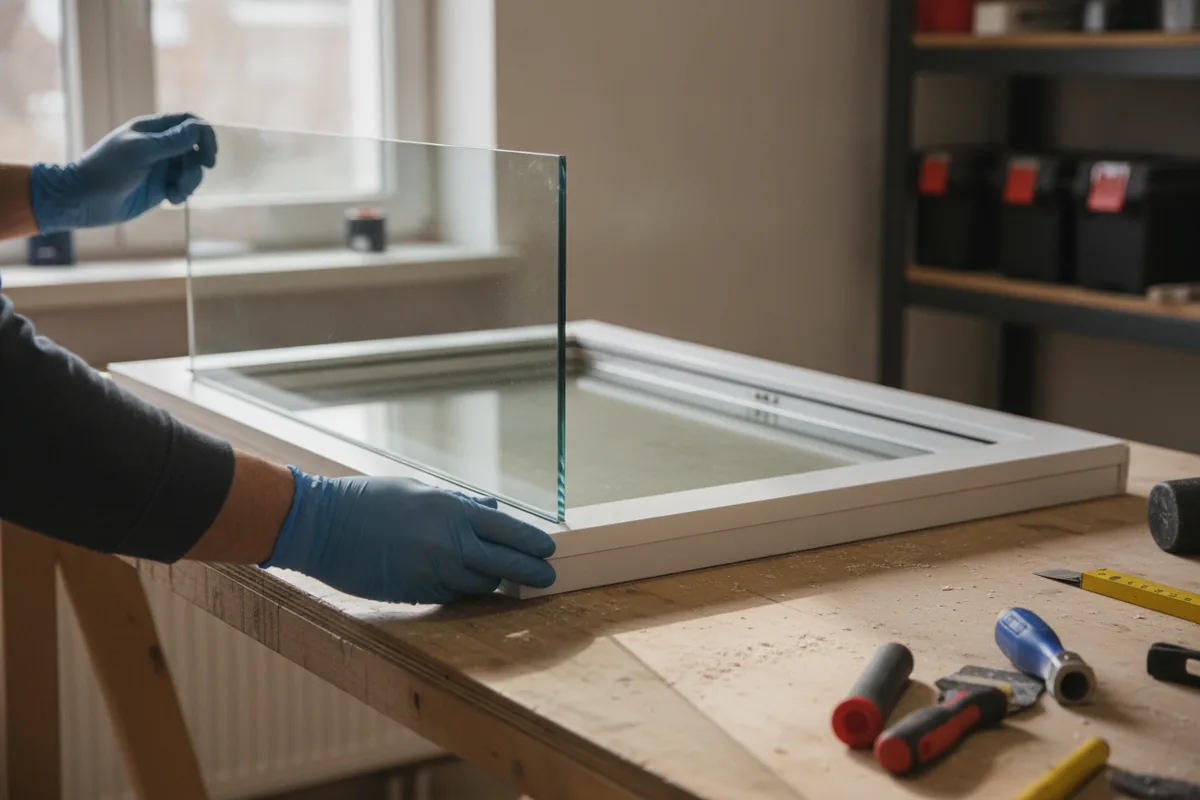 Gloved hands fitting a new sealed glass unit into a white vinyl window sash