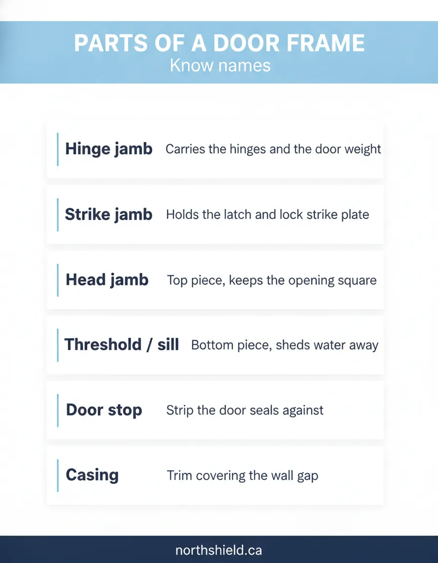 Parts of a door frame: hinge jamb, strike jamb, head jamb, threshold, door stop, casing