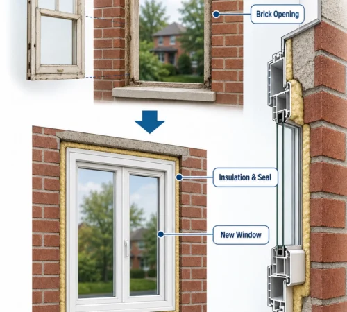 Illustration explaining brick-to-brick window installation with brick opening insulation seal new window and interior trim