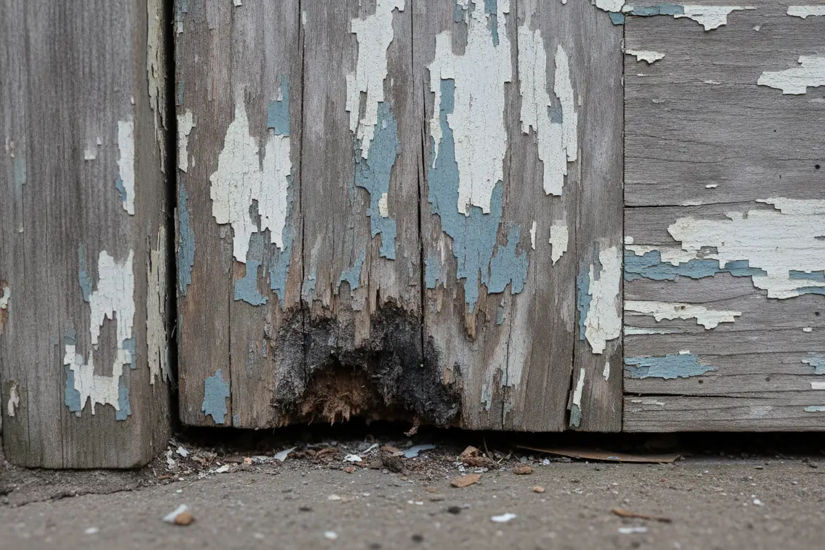 Rotted soft wood at the bottom corner of an exterior door jamb