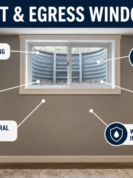 Basement and egress window guide showing a realistic smaller basement window, compact well, drainage, safety, and waterproofing details.