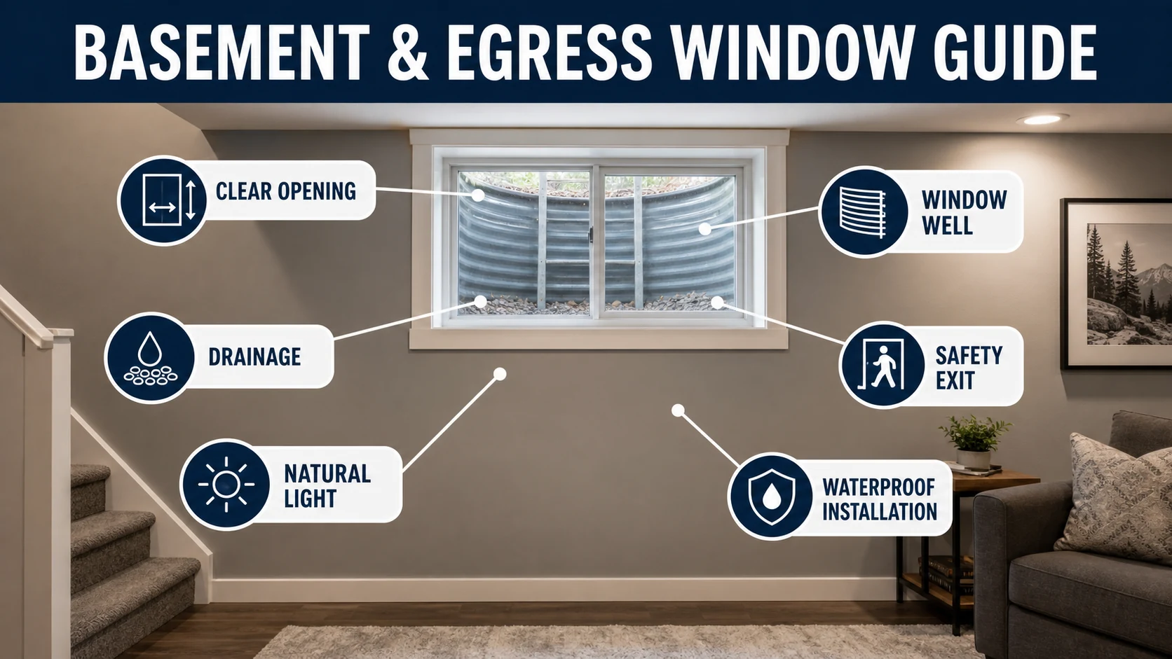 Basement and egress window guide showing a realistic smaller basement window, compact well, drainage, safety, and waterproofing details.