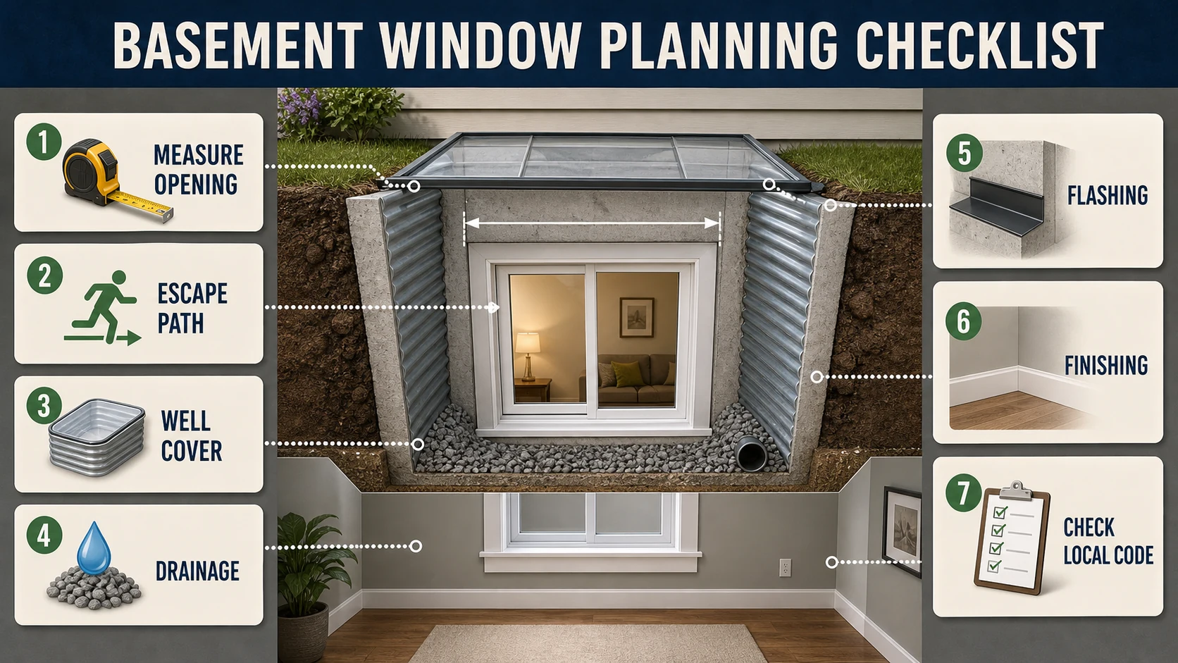 Basement window planning checklist for opening size, escape path, drainage, flashing, and finishing.