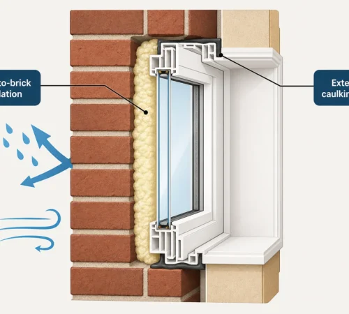 Chocolate Brown Window and Sliding Door Replacement Project in Mississauga, Ontario - brick to brick window insulation explainer