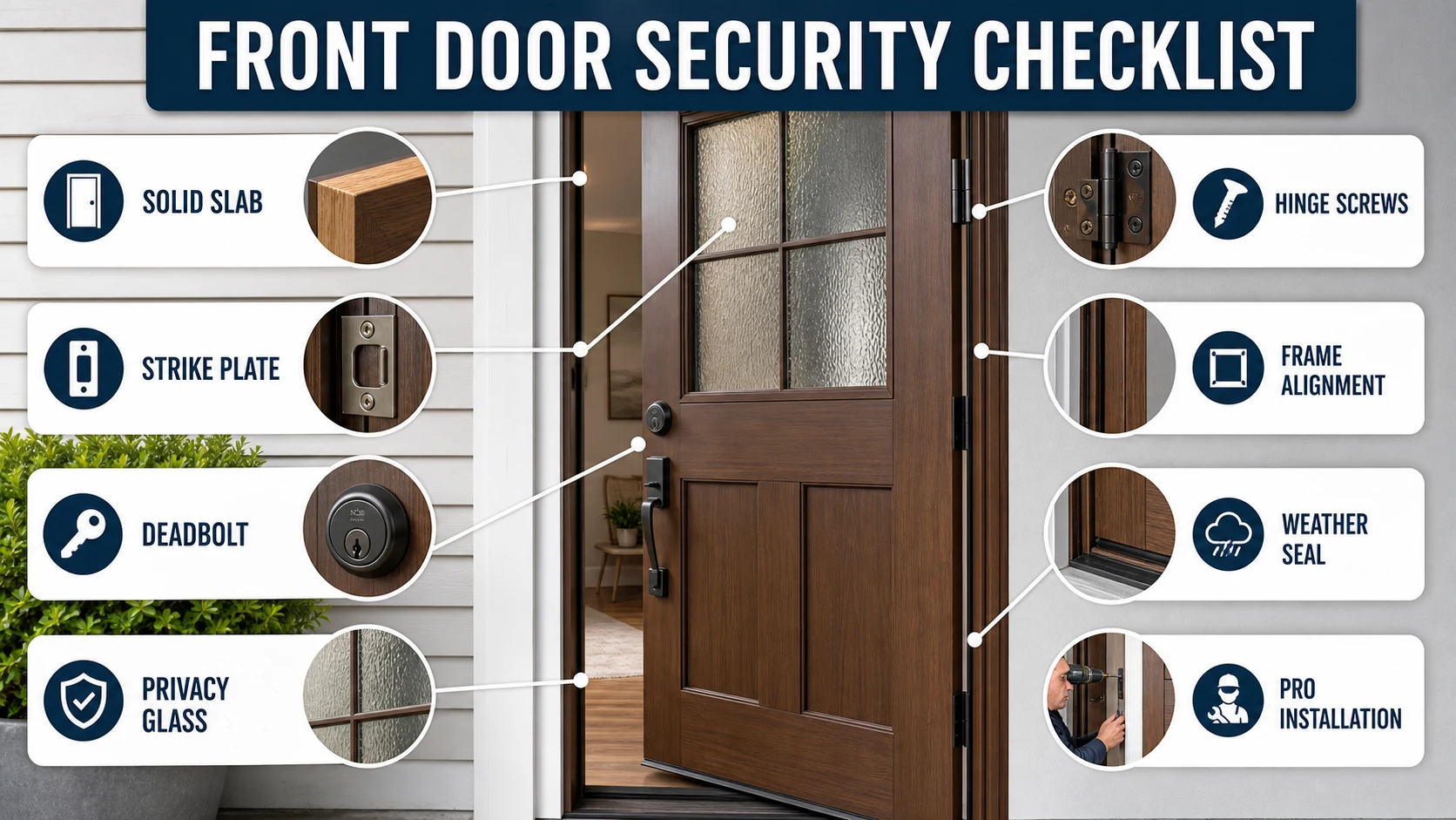 Front door security checklist for slab, strike plate, deadbolt, hinges, privacy glass, frame alignment, and installation.