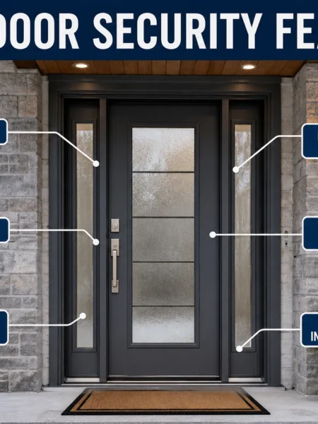 Front door security features showing deadbolt, strike plate, reinforced frame, privacy glass, and professional installation.