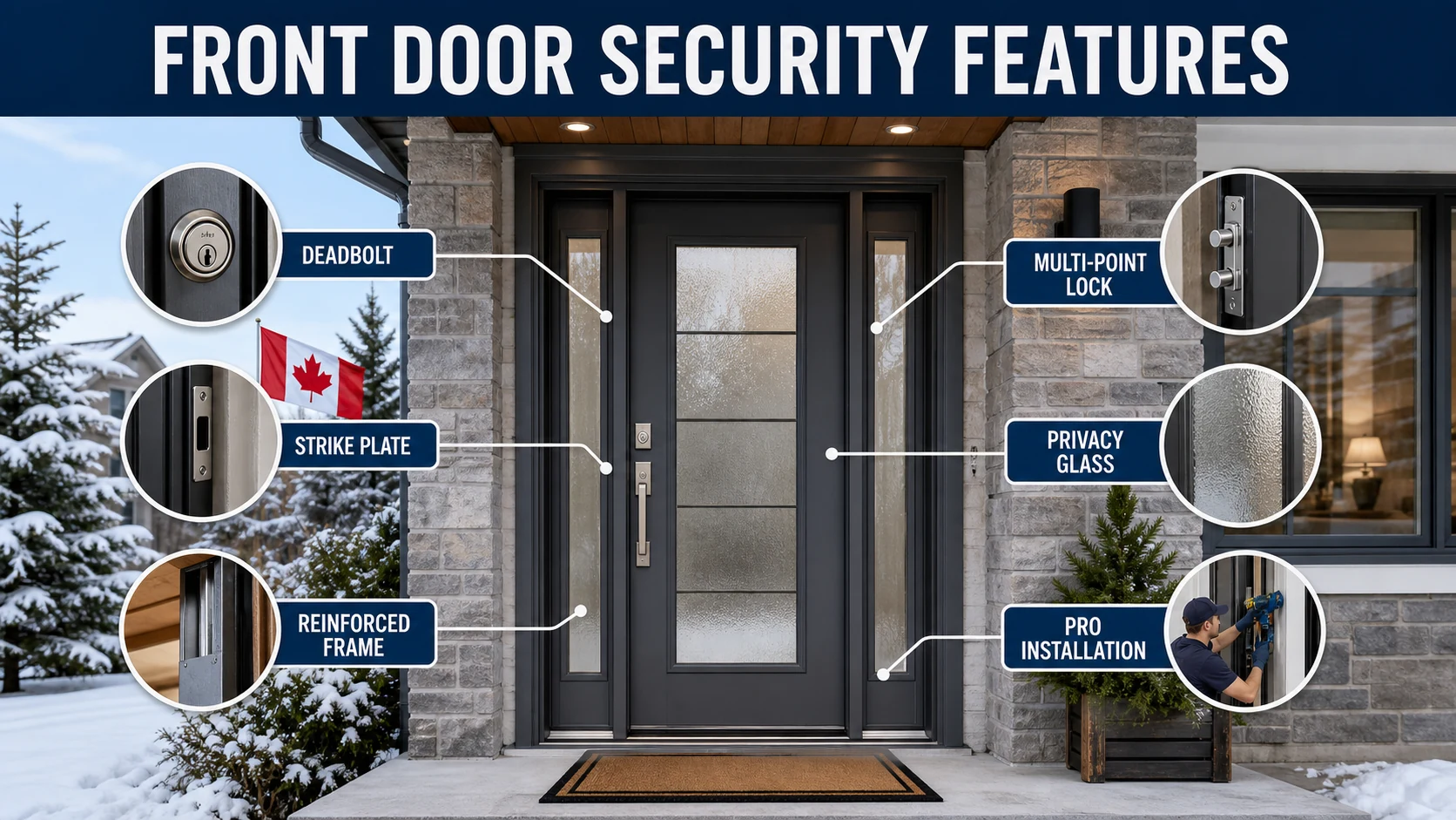 Front door security features showing deadbolt, strike plate, reinforced frame, privacy glass, and professional installation.