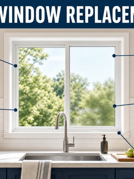 Kitchen window replacement guide covering light, ventilation, privacy, and trim details.