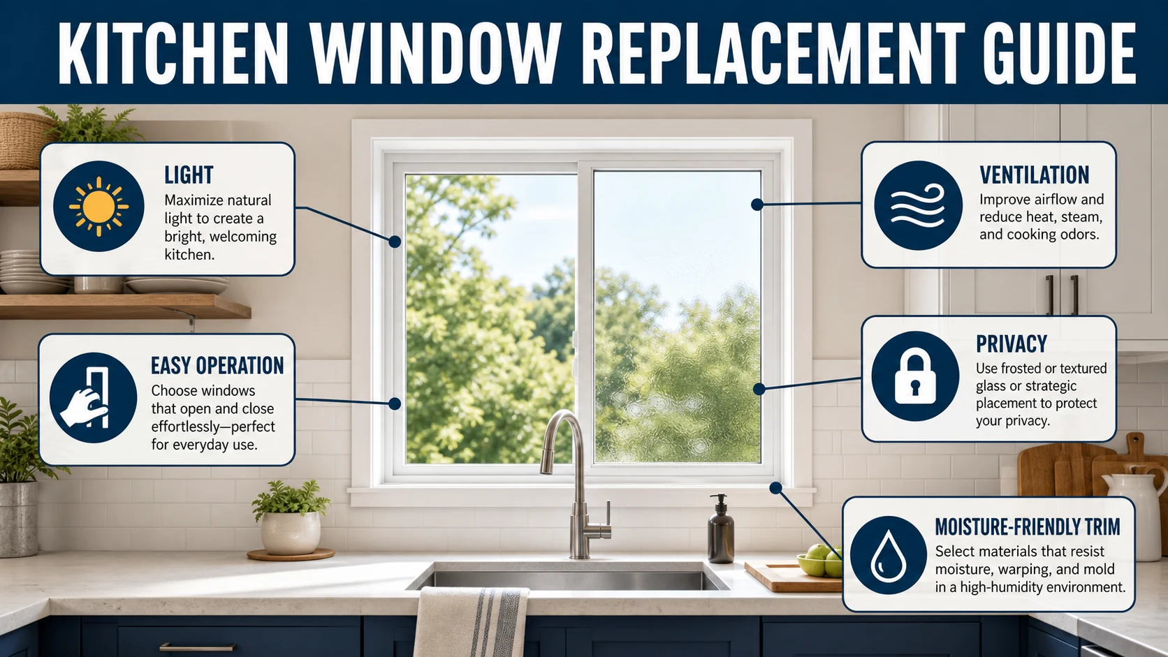 Kitchen window replacement guide covering light, ventilation, privacy, and trim details.