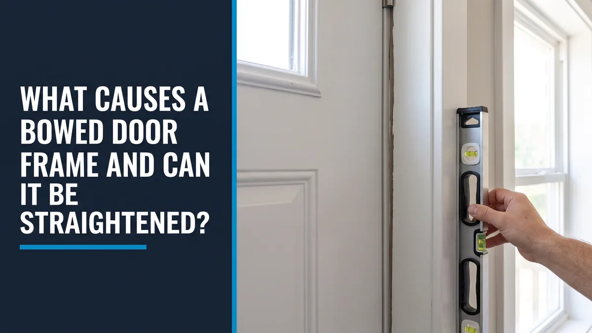 Level held against a white door jamb showing an uneven gap, illustrating a bowed door frame