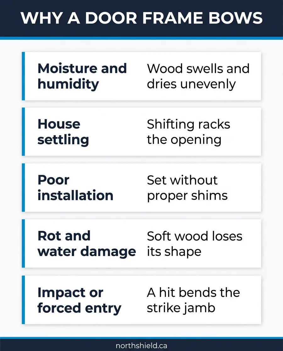 Reference card of the five common causes of a bowed door frame, from moisture to impact