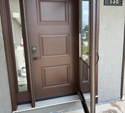 Front Door System Replacement Project in Calgary, Alberta - northshield project 08 brown front door open exterior