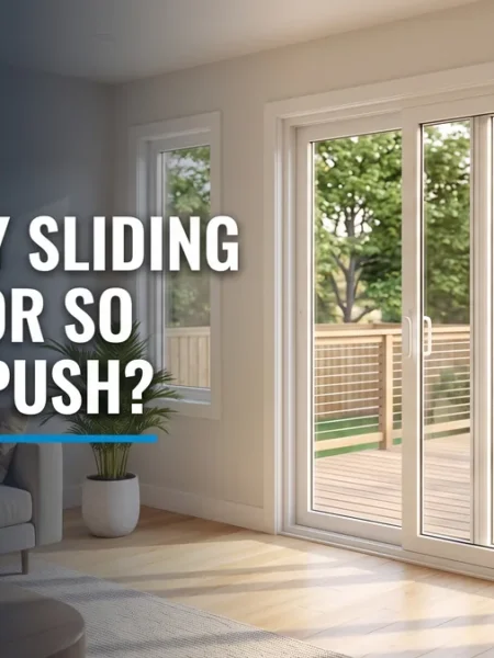 White sliding glass patio door mid-slide, illustrating a sliding patio door hard to open