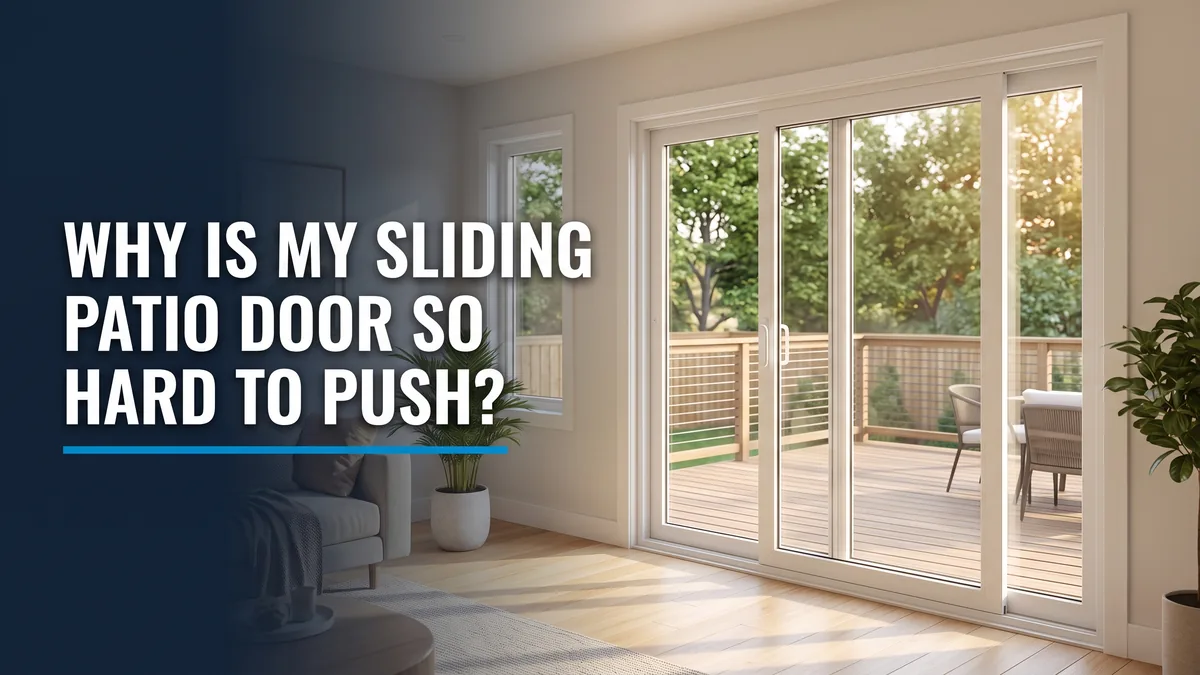 White sliding glass patio door mid-slide, illustrating a sliding patio door hard to open