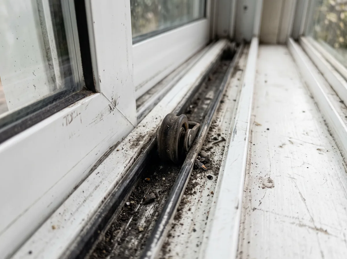 Dust and grit packed into the bottom track of a sliding patio door around the roller