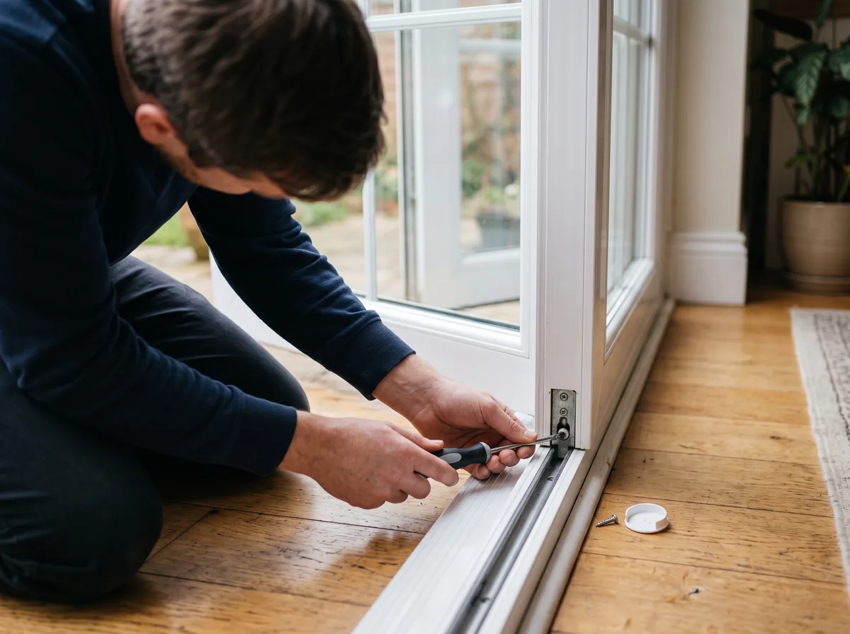 Adjusting the roller height screw at the bottom corner of a sliding patio door panel