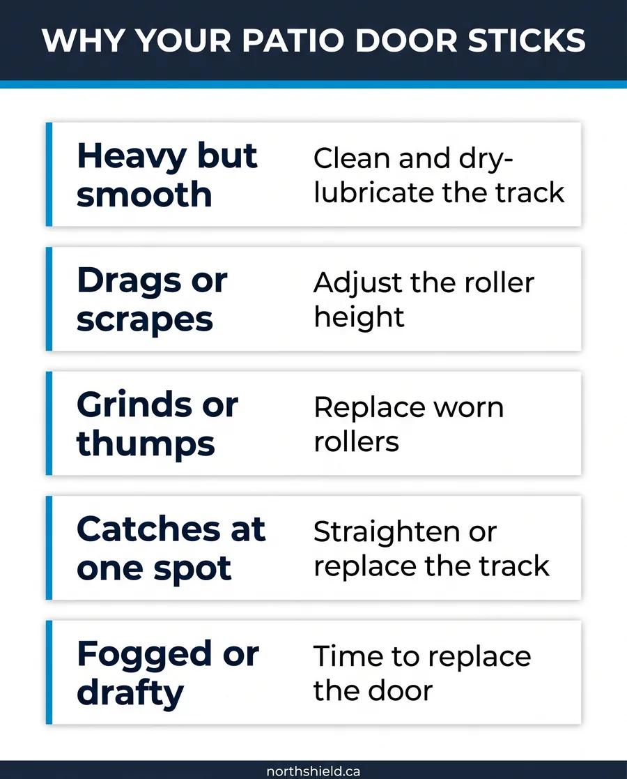 Troubleshooting card matching sliding patio door symptoms to fixes, from cleaning to replacement
