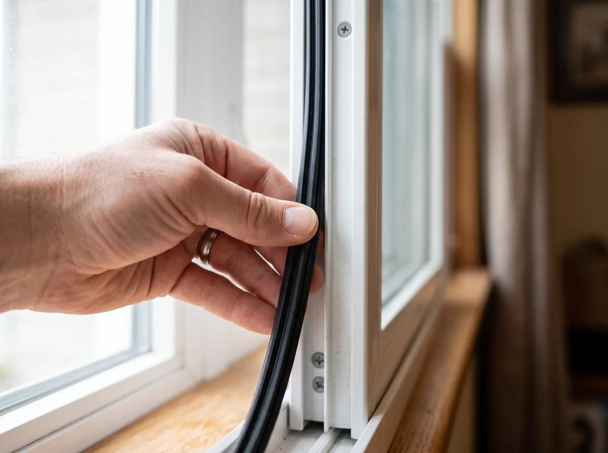 Hand checking the rubber weatherstrip seal along a white vinyl window sash for gaps