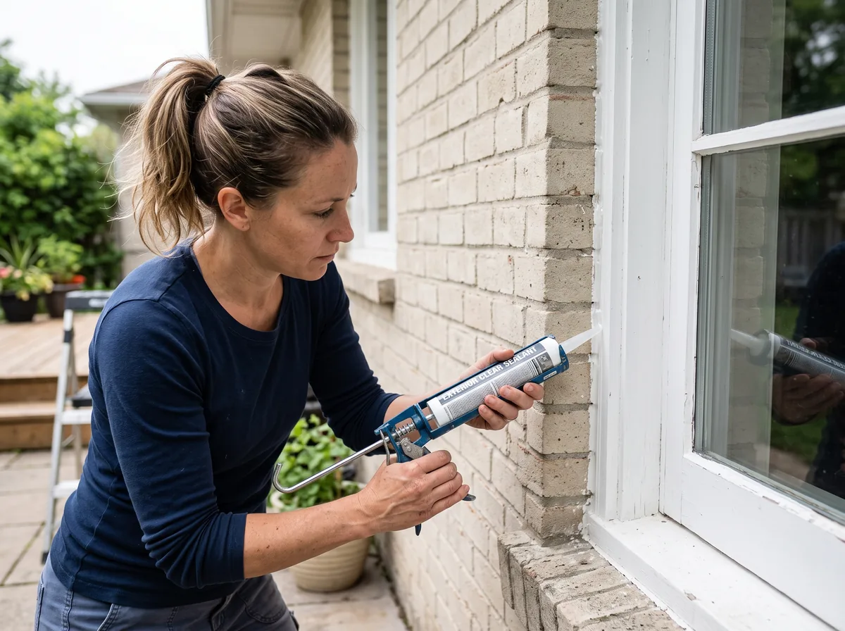 Fresh exterior caulk being applied where a window frame meets the brick to seal an air gap
