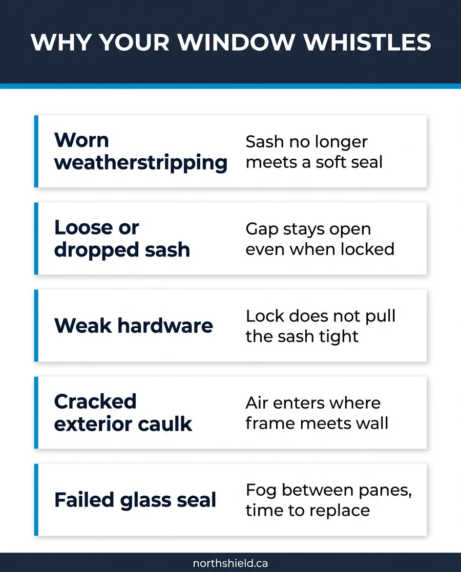Guide to the five common causes of wind noise from windows, from worn seals to failed glass