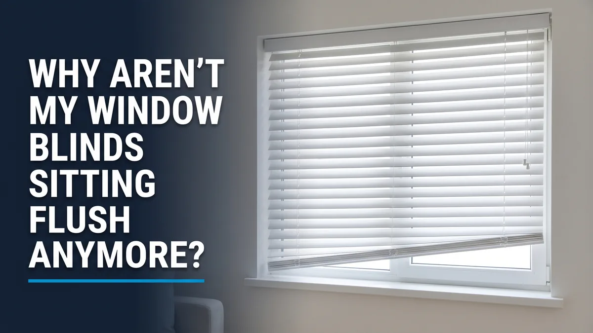 White window blinds hanging slightly crooked, illustrating window blinds not sitting flush