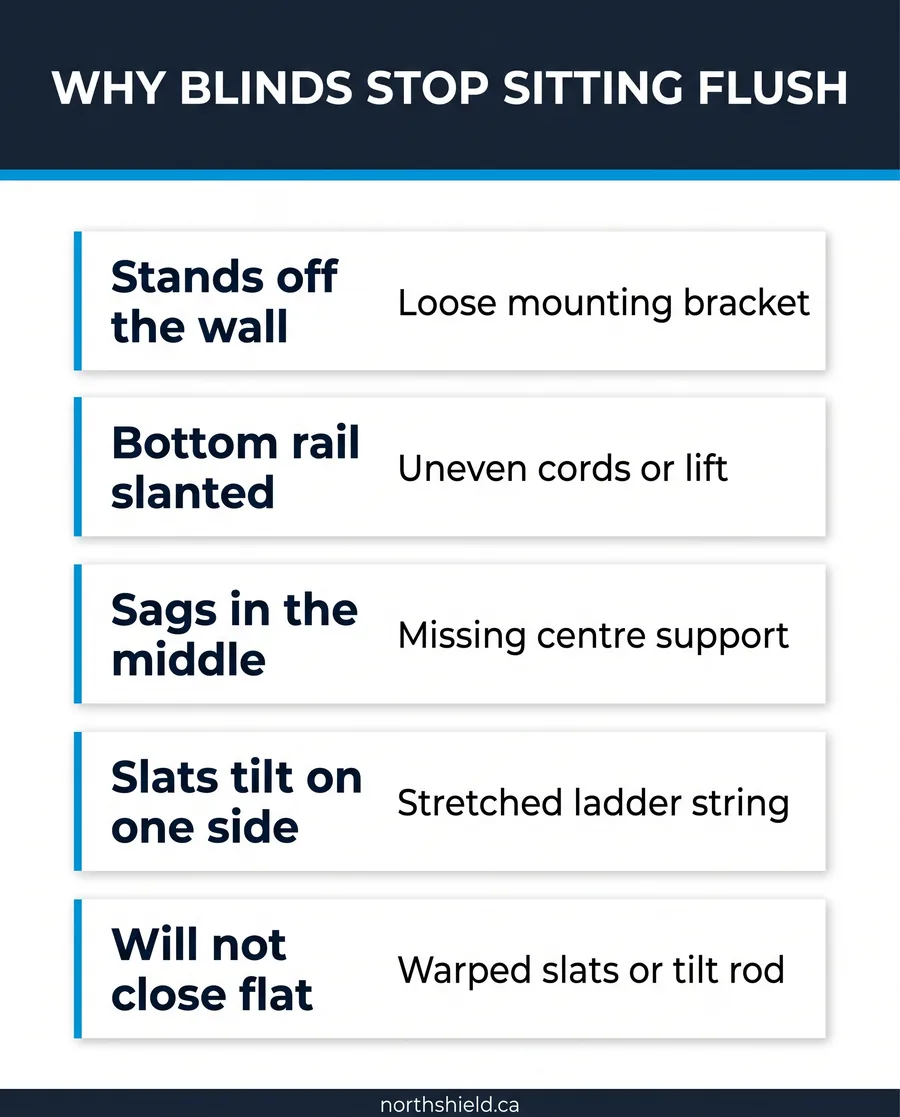 Troubleshooting card matching crooked-blind symptoms to causes, from loose brackets to warped slats