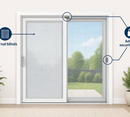 Chocolate Brown Window and Sliding Door Replacement Project in Mississauga, Ontario - sliding door internal blinds security explainer