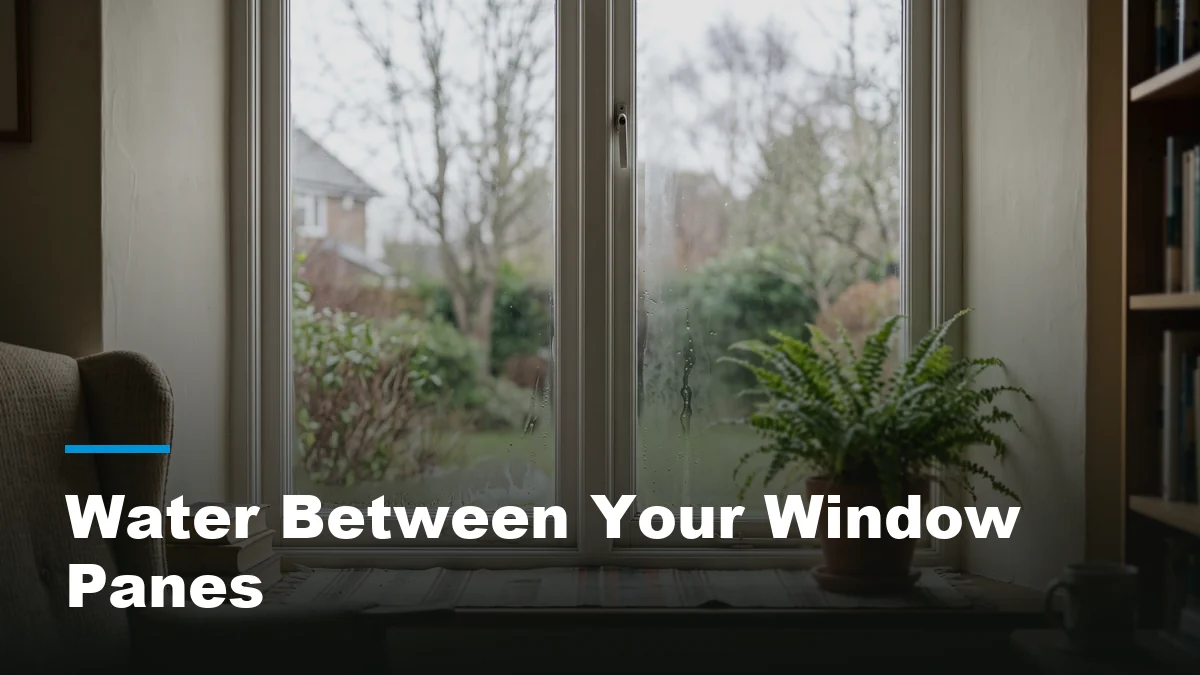 Hazy double pane window with moisture visibly trapped between the glass layers
