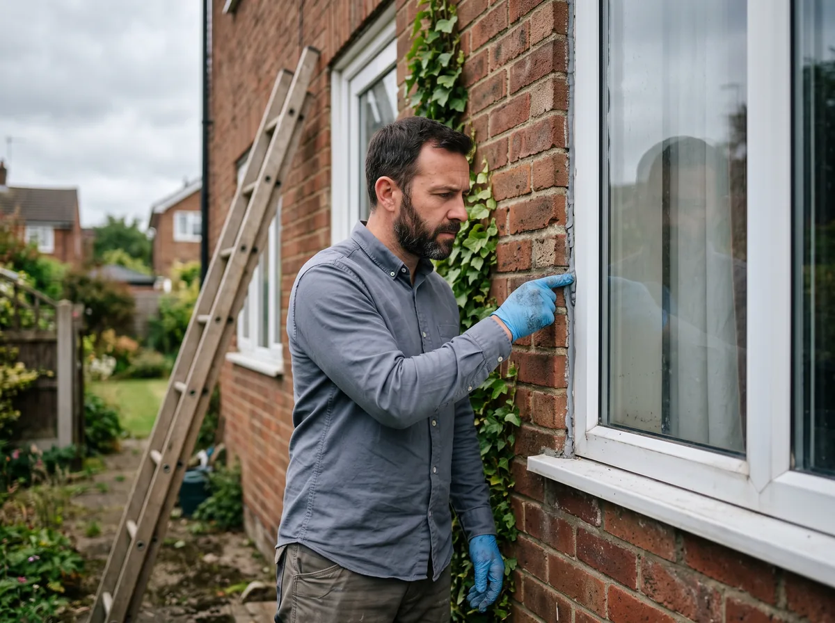 Technician examining the exterior seal line of a window from outside a home