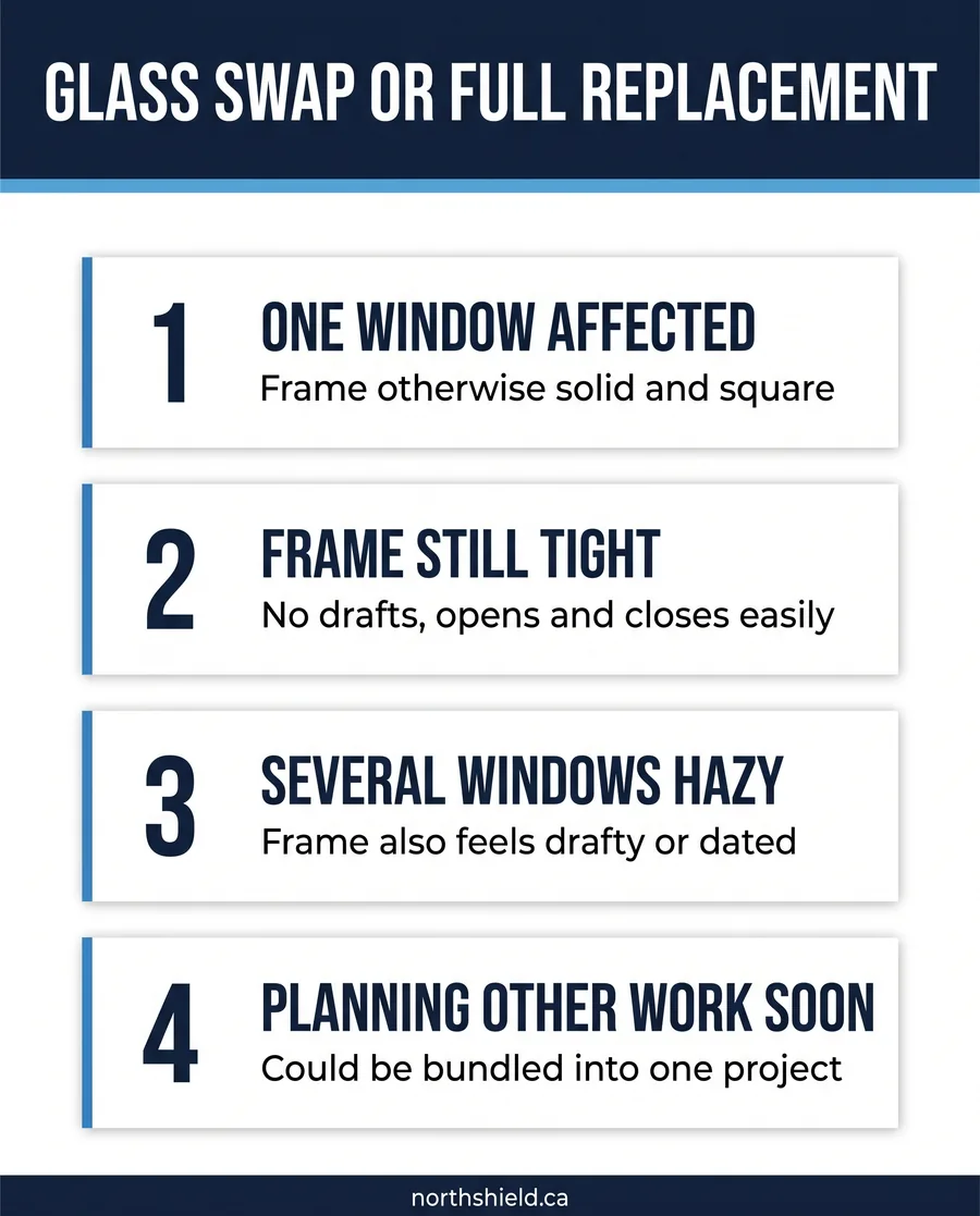 Card checklist comparing signs that favor a glass swap against signs that favor full window replacement