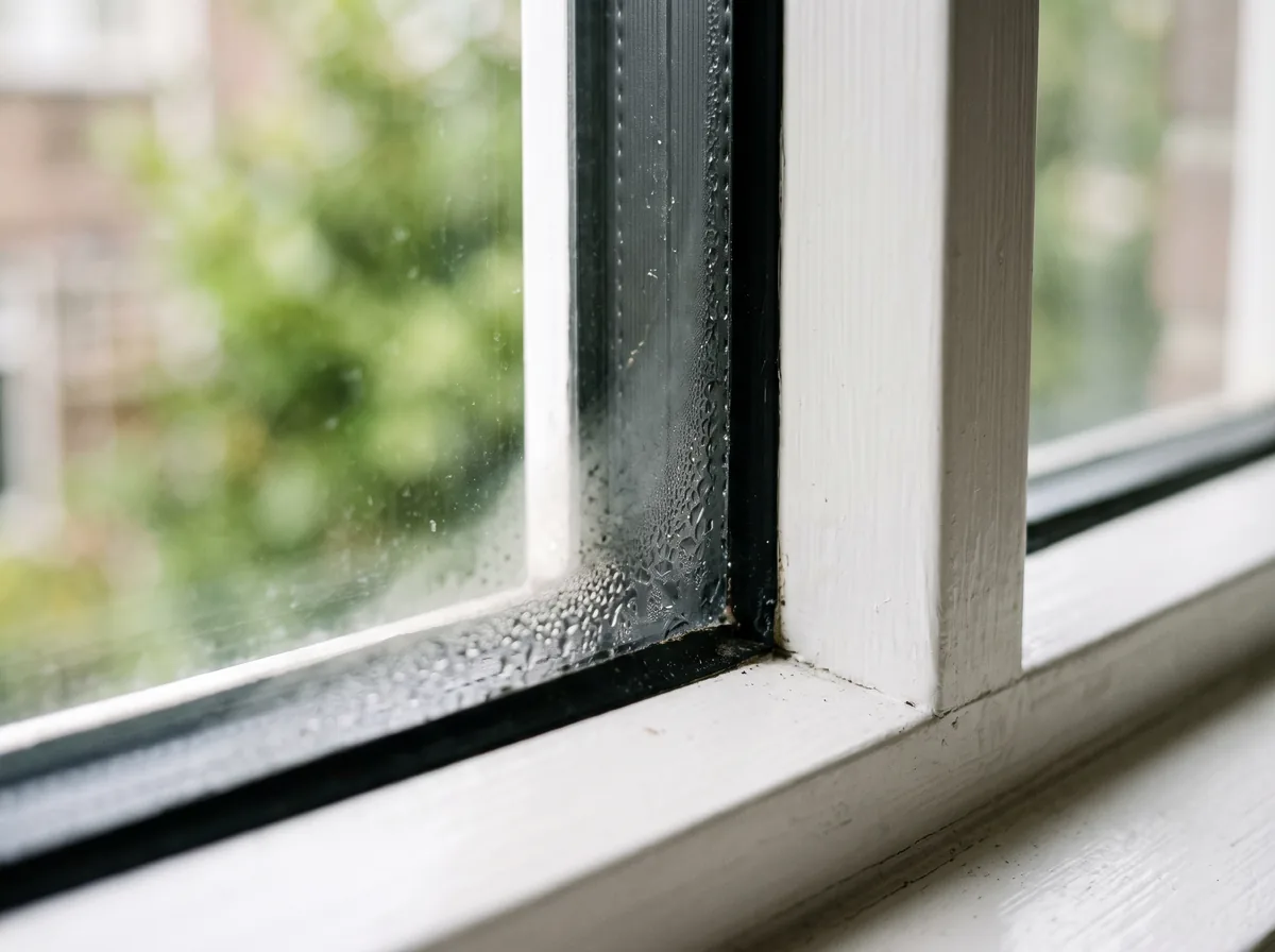 Water trapped between a sealed window's glass panes near the corner spacer